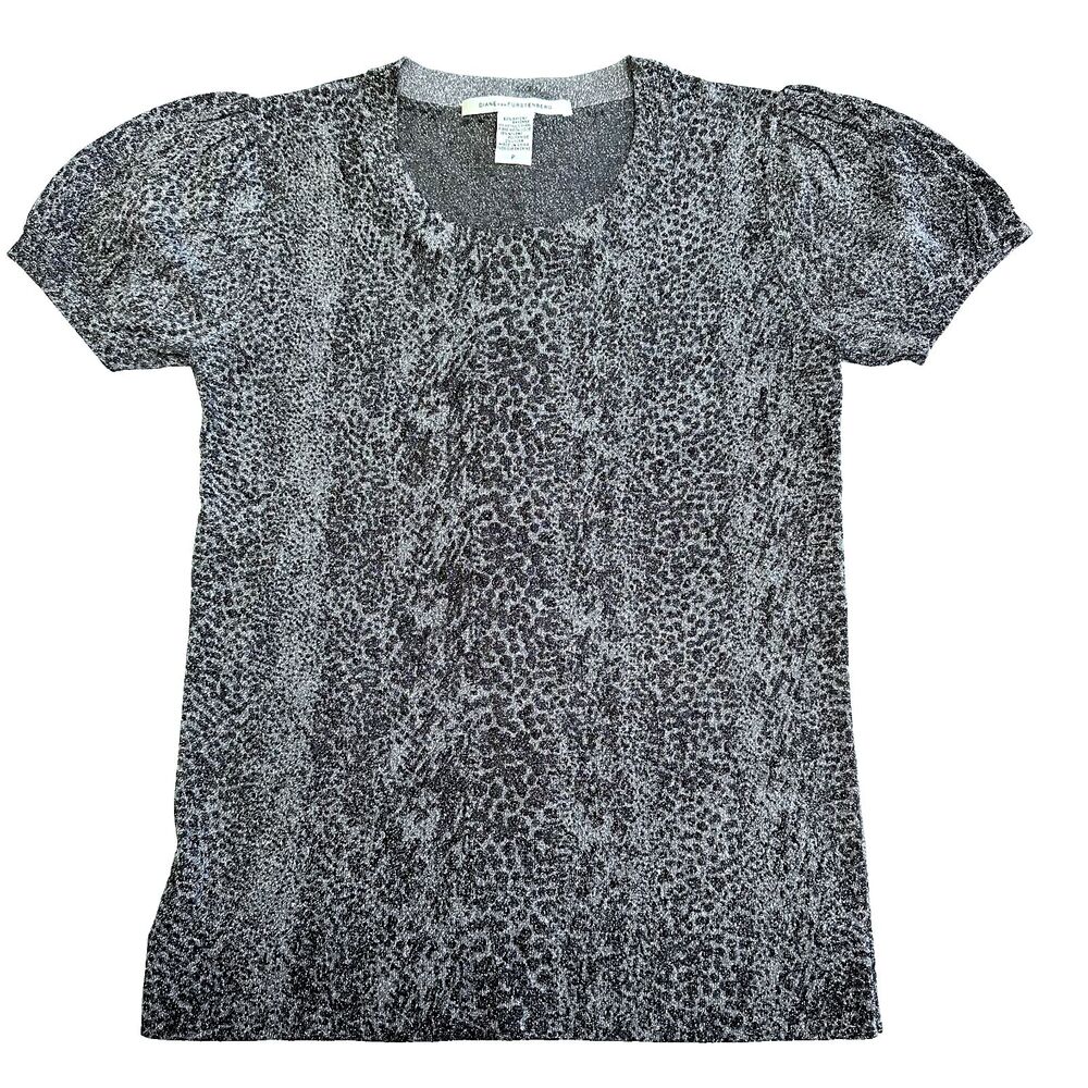 Diane Von Furstenberg Grey Black Sparkly Leopard Print Knit Sweater SZ P/XS